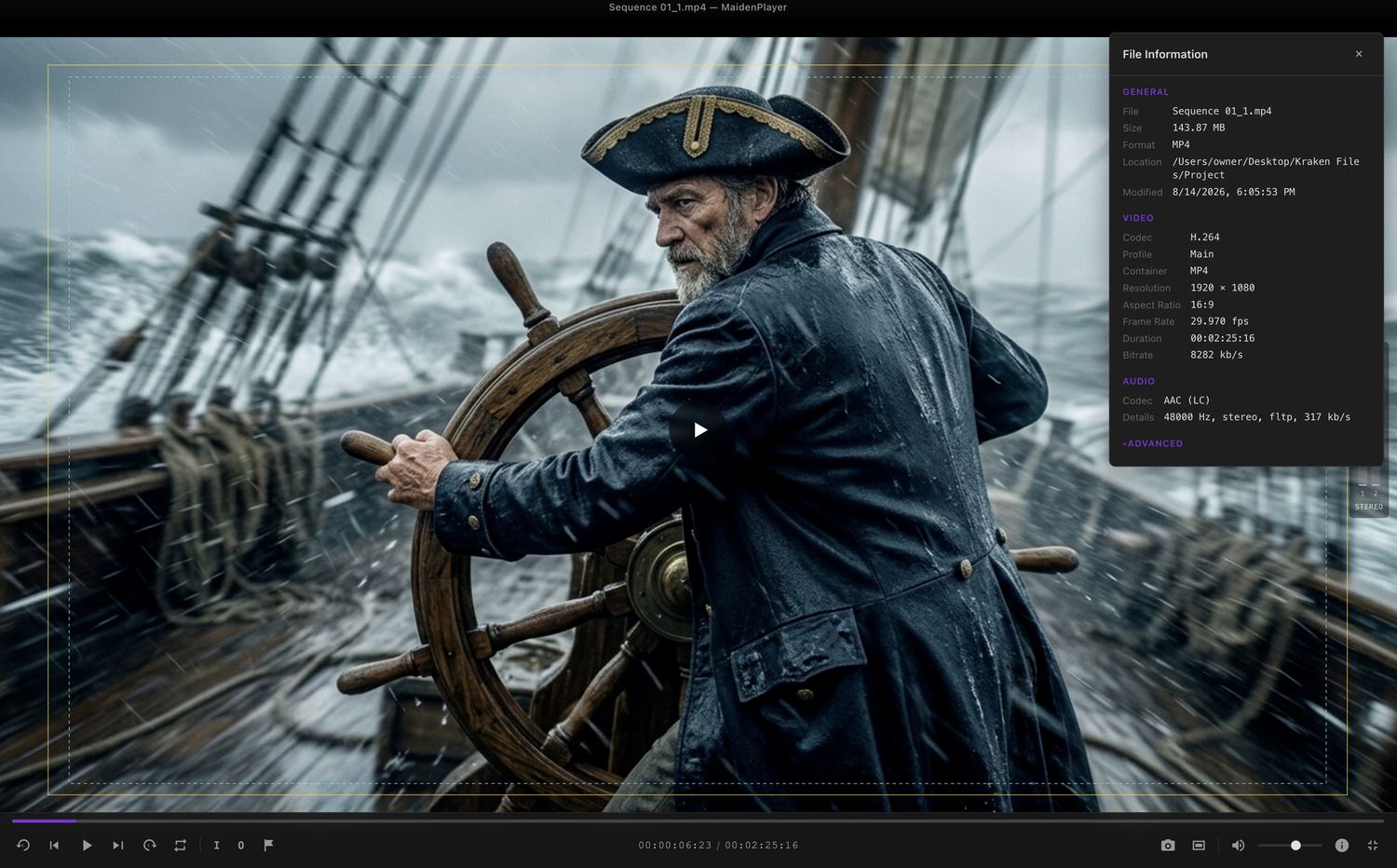 Maiden Media Player with the File Information panel open, showing codec, profile, container, resolution, aspect ratio, frame rate, duration, bitrate and audio detail for the loaded clip.