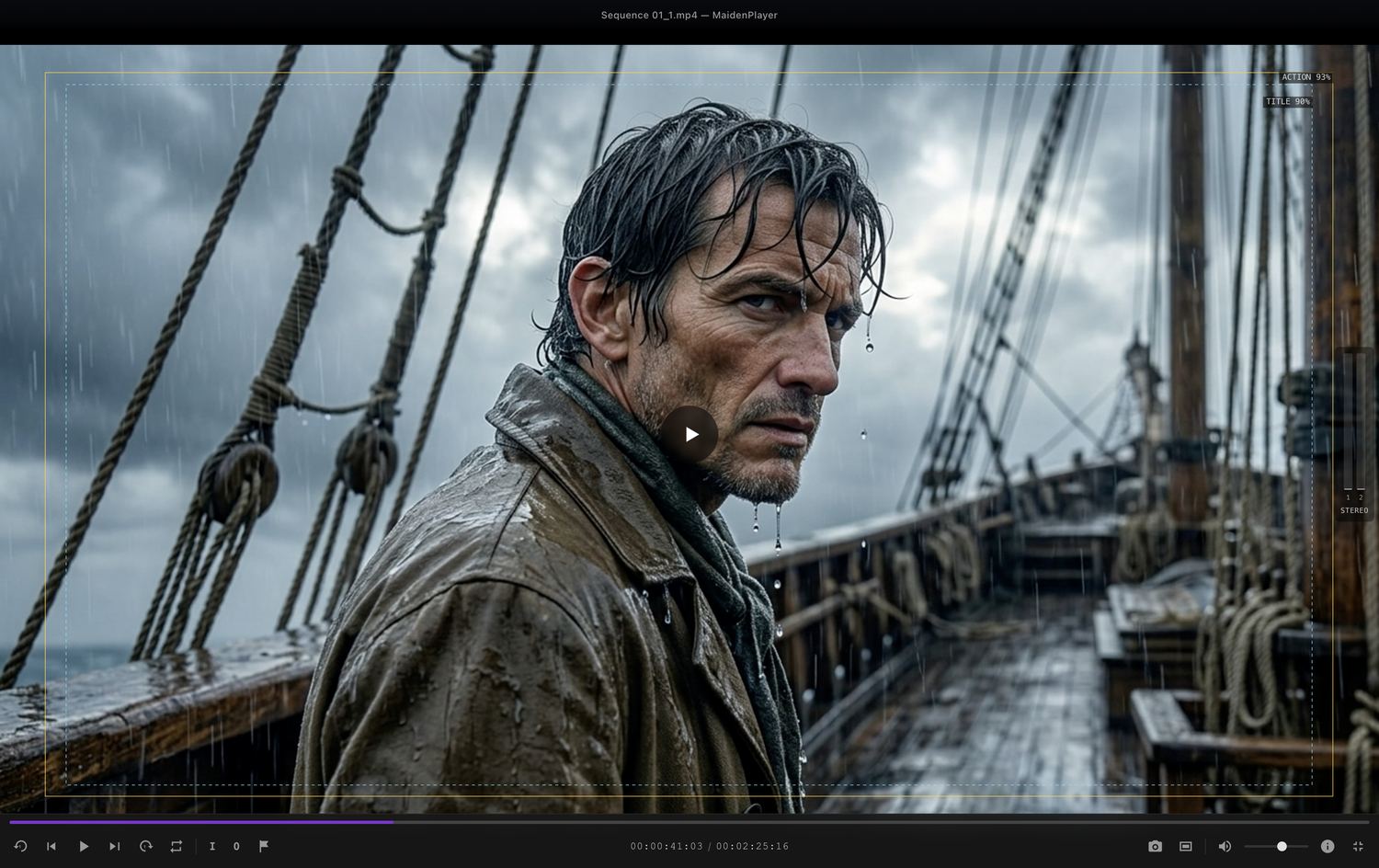 Maiden Media Player showing a clip with safe-area overlays active, labelled action safe at 93 percent and title safe at 90 percent.
